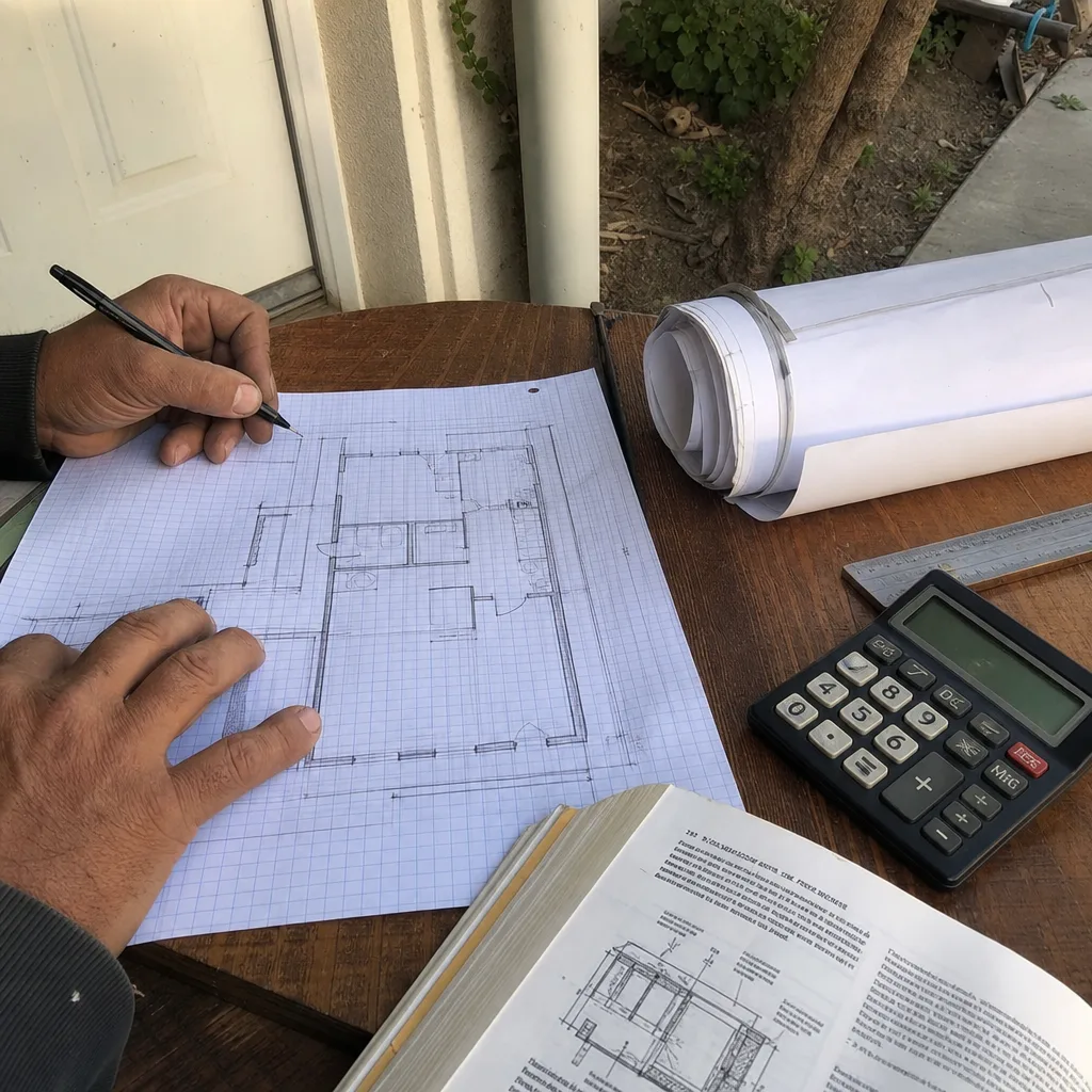 Architect sketching custom ADU floor plan on grid paper for permitting