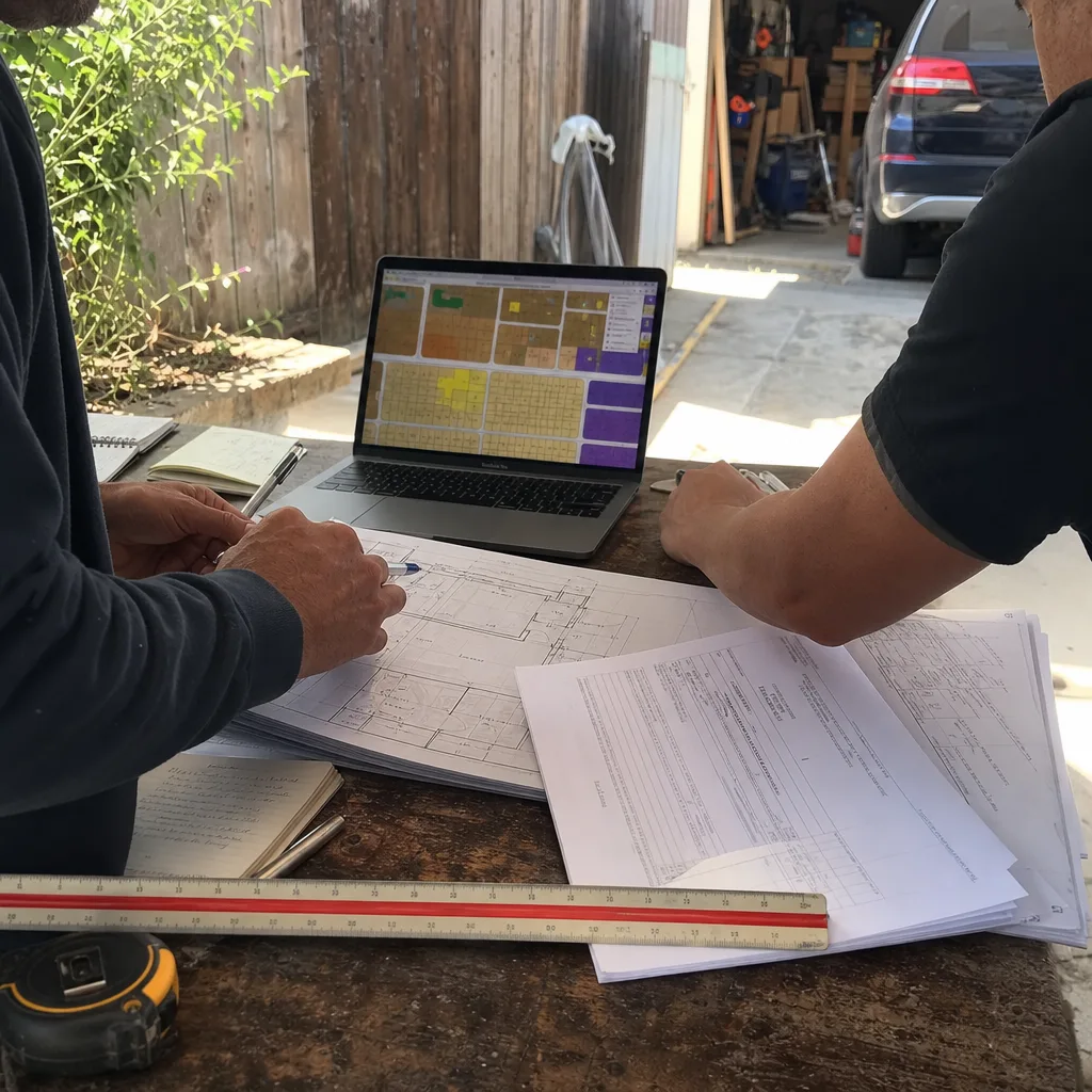 Professionals reviewing ADU architectural blueprints and permitting documentation outdoors