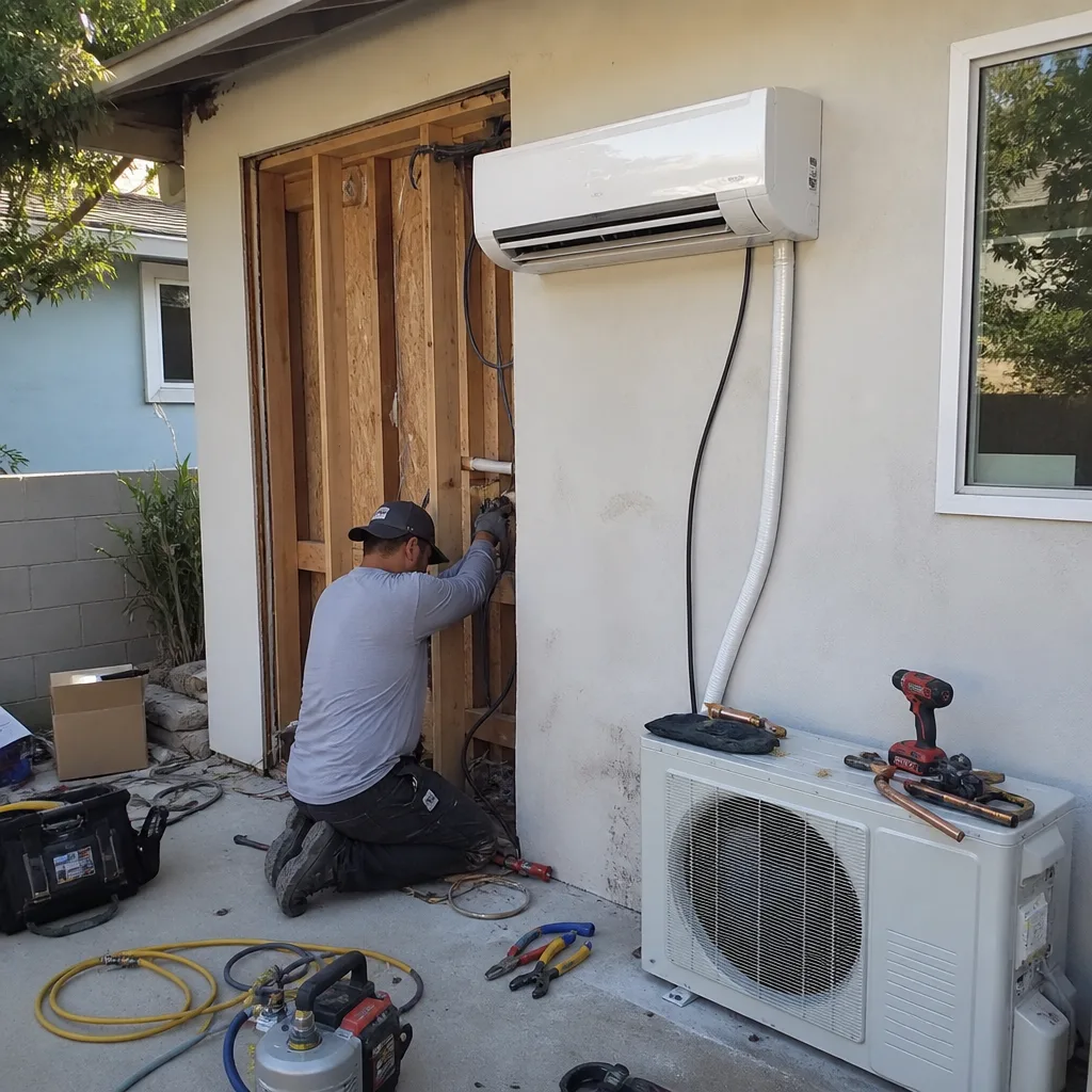 Technician installing HVAC system during a professional garage conversion ADU project